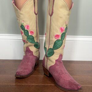 Junk Gypsy Size 6 Cowboy/Cowgirl Boots, Cream and Pink with Cactus Embroidery
